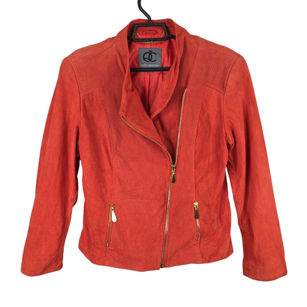 Womens Queen Collection Orange Genuine Leather Moto Jacket Full Zip Size L